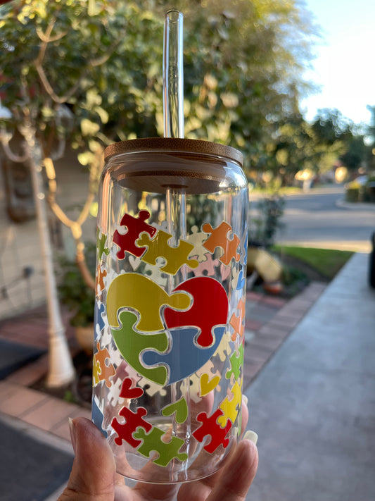 Autism Puzzle Piece Glass Cup