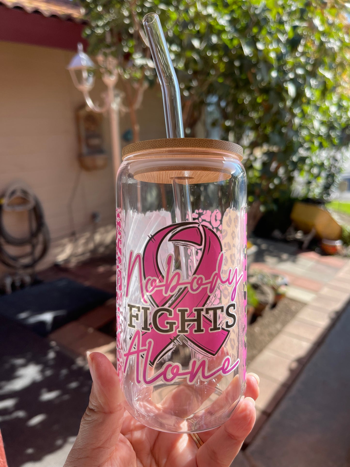 Nobody Fights Alone Breast Cancer Glass Cup