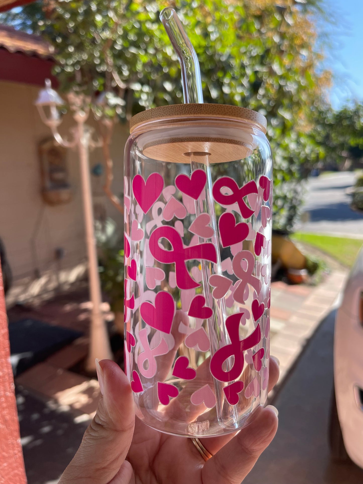 Breast Cancer Pink Ribbon & Hearts Glass Cup